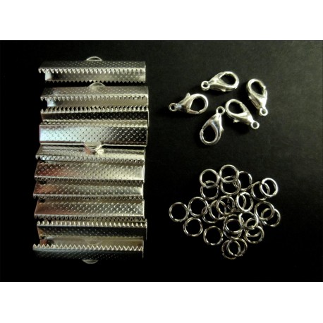Leisure-Beads - 10x hellsilberfarbene Bandklemmen 30mm + Karabiner + Biegeringe - Schmuckzubehör