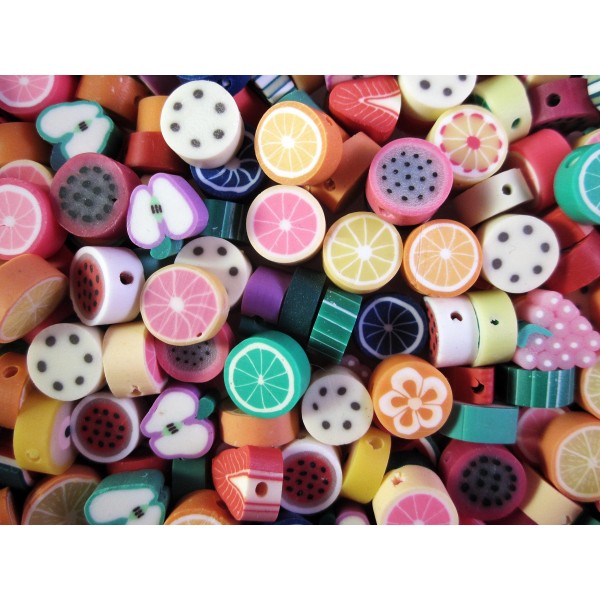 20x 10mm Polymer Clay Obst Perlen im bunten Mix - Schmuckzubehör