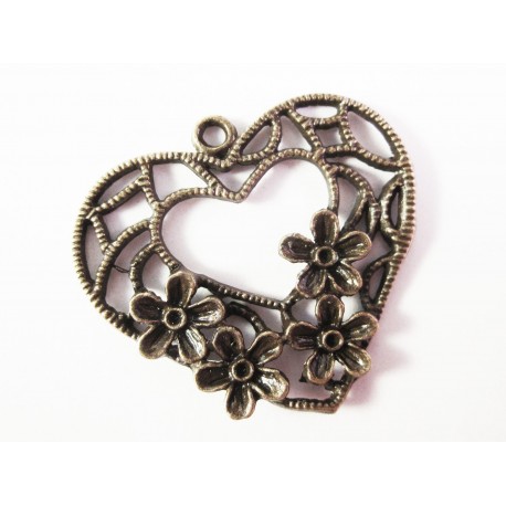 Leisure-Beads - 1x bronzefarben Herz Anhänger 32x34mm Blumen Trachtenherz Schmuckanhänger - Schmuckzubehör