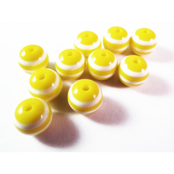 10 gelb weiss gestreifte Perlen aus Harz 10mm - Resin Schmuckzubehör - Leisure-Beads DIY