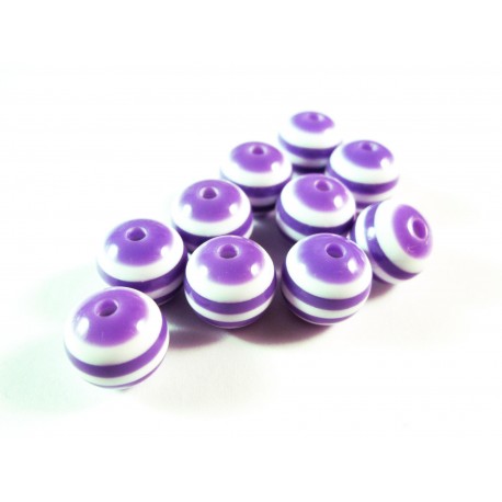 Leisure-Beads - 10x lila weiss gestreifte Perlen aus Harz 10mm - Resin Schmuckzubehör
