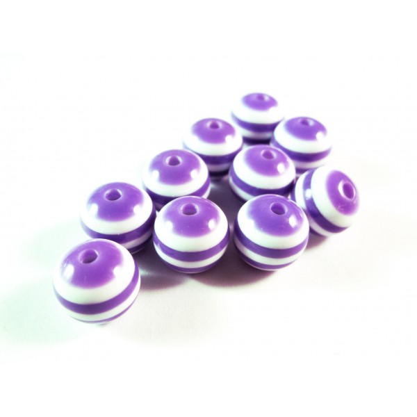 10x lila weiss gestreifte Perlen aus Harz 10mm - Resin Schmuckzubehör