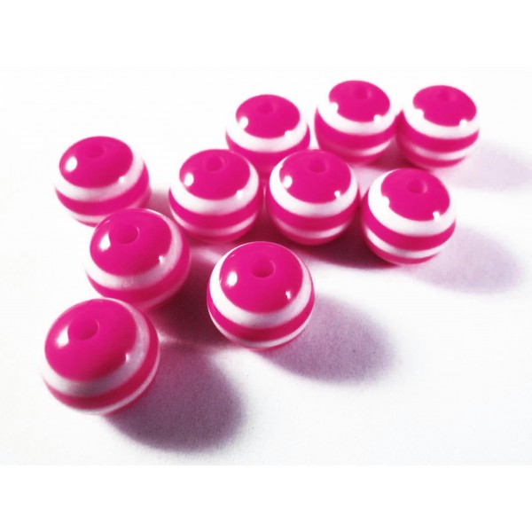 10x pink weiss gestreifte Perlen aus Harz 10mm - Resin Schmuckzubehör - Leisure-Beads DIY