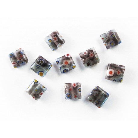 Leisure-Beads - 10x Graue Millefiori Perlen quadratisch 10 x 10 mm