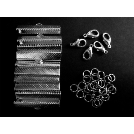 Leisure-Beads - 10x silberfarbene Bandklemmen 30mm + Karabiner + Biegeringe - Schmuckzubehör Set