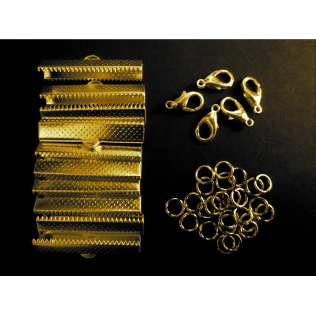 Leisure-Beads - 10x goldfarbene Bandklemmen 30mm + Karabiner + Biegeringe - Schmuckzubehör Set