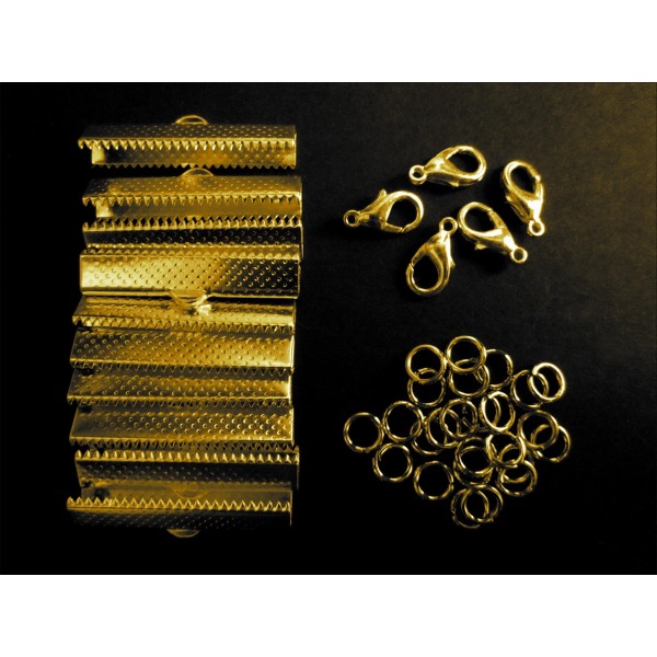 10x goldfarbene Bandklemmen 30mm + Karabiner + Biegeringe - Schmuckzubehör Set - Leisure-Beads DIY
