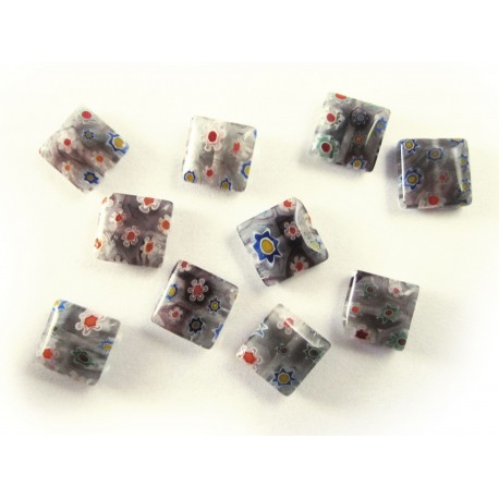 Leisure-Beads - 10x Graue Millefiori Perlen quadratisch 8 x 8 mm