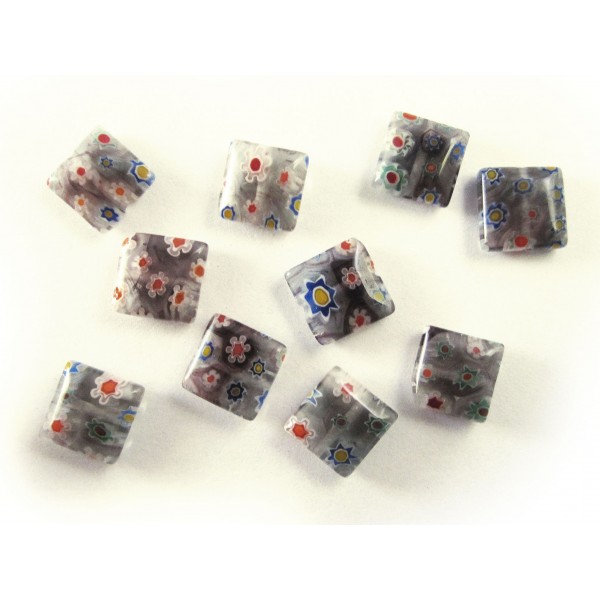 10x Graue Millefiori Perlen quadratisch 8 x 8 mm