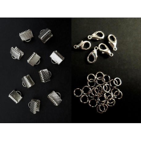 Leisure-Beads - 10 silberfarbene Bandklemmen 8mm + Karabiner + Biegeringe - Schmuckzubehör Set