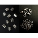 10 silberfarbene Bandklemmen 8mm + Karabiner + Biegeringe - Schmuckzubehör Set