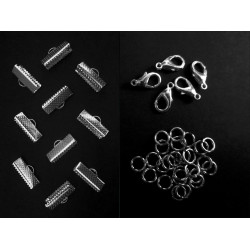 Leisure-Beads - 10 silberfarbene Bandklemmen 16mm + Karabiner + Biegeringe - Schmuckzubehör Set