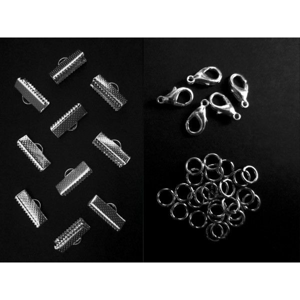 10 silberfarbene Bandklemmen 16mm + Karabiner + Biegeringe - Schmuckzubehör Set