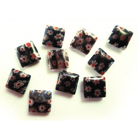 Leisure-Beads - 10x Schwarze Millefiori Perlen quadratisch 10 x 10 mm