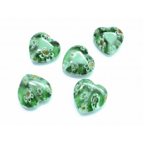 Leisure-Beads - 5 Stück grüne Herz Millefioriperlen 12x11mm grüne Millefioriherzen - Schmuckzubehör