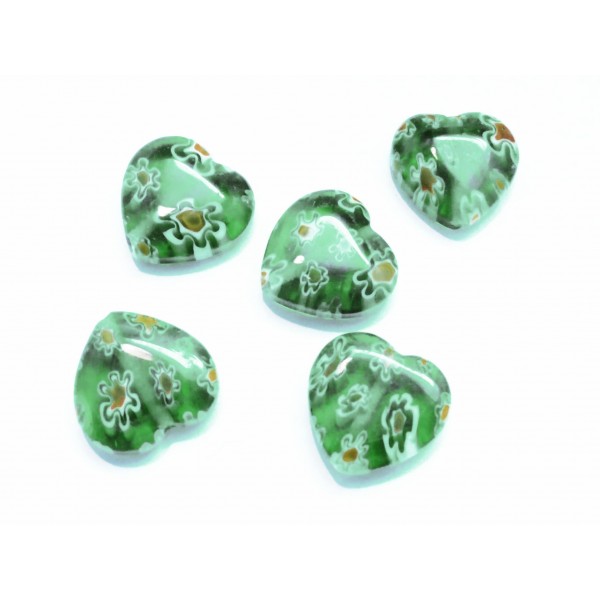 5 Stück grüne Herz Millefioriperlen 12x11mm grüne Millefioriherzen - Schmuckzubehör - Leisure-Beads DIY