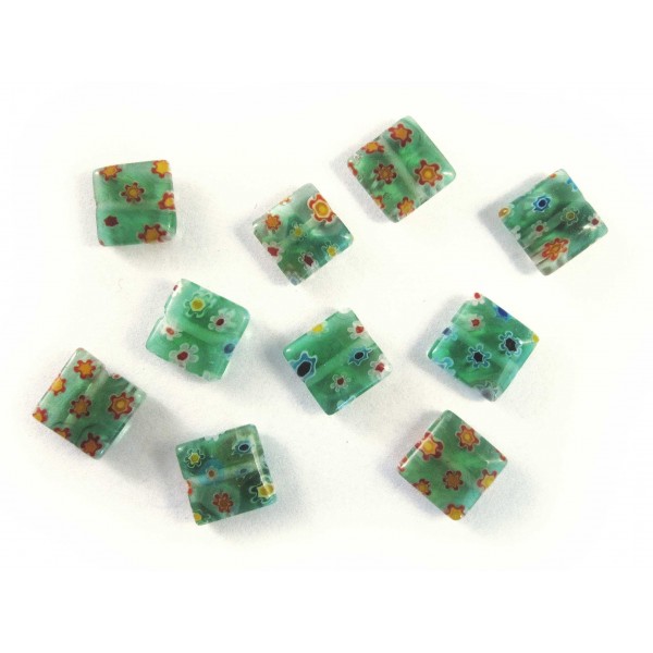 10x Grüne Millefiori Perlen quadratisch 10 x 10 mm