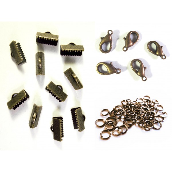 10 bronzefarbene Bandklemmen 16mm + Karabiner + Biegeringe - Schmuckzubehör Set