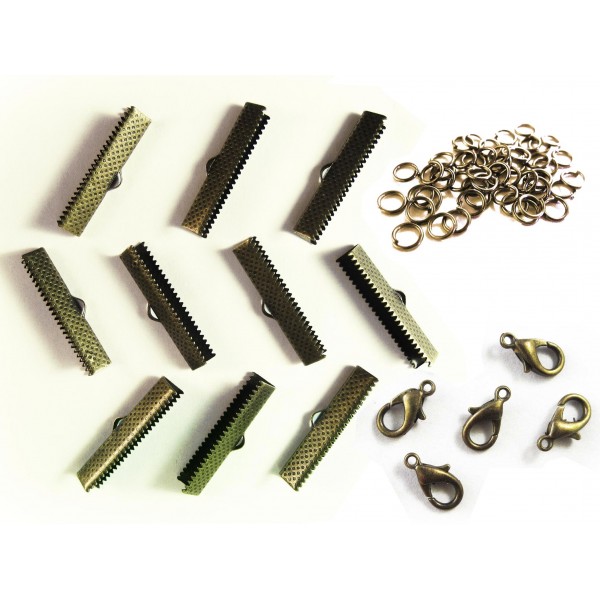 10 bronzefarbene Bandklemmen 30mm + Karabiner + Biegeringe - Schmuckzubehör Set