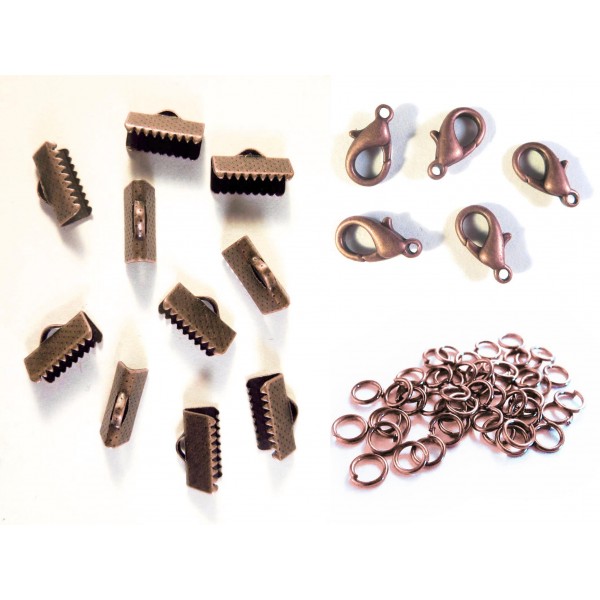 10 kupferfarbene Bandklemmen 16mm + Karabiner + Biegeringe - Schmuckzubehör Set