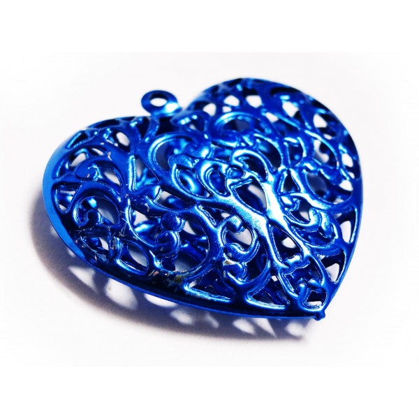 1x blaues Herz Anhänger 40x38mm metallic blauer Schmuckanhänger - Schmuckzubehör - Leisure-Beads DIY