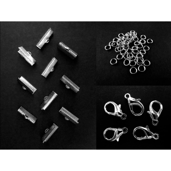 10 silberfarbene Bandklemmen 20mm + Karabiner + Biegeringe - Schmuckzubehör Set