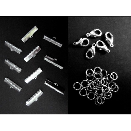 Leisure-Beads - 10 hellsilberfarben Bandklemmen 25mm + Karabiner + Biegeringe Schmuckzubehör Set