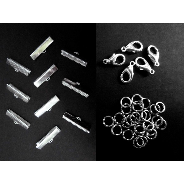 10 hellsilberfarben Bandklemmen 25mm + Karabiner + Biegeringe Schmuckzubehör Set