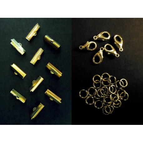 Leisure-Beads - 10 goldfarbene Bandklemmen 20mm + Karabiner + Biegeringe - Schmuckzubehör Set