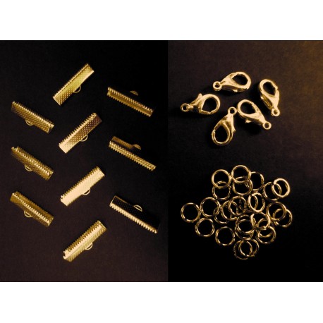 Leisure-Beads - 10 goldfarbene Bandklemmen 25mm + Karabiner + Biegeringe - Schmuckzubehör Set