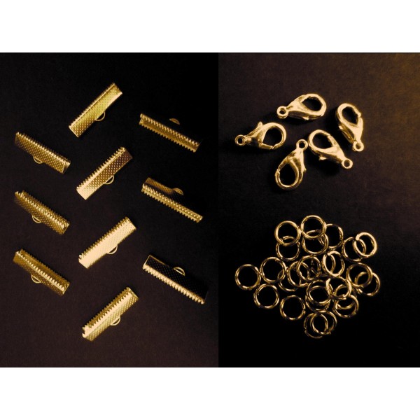 10 goldfarbene Bandklemmen 25mm + Karabiner + Biegeringe - Schmuckzubehör Set - Leisure-Beads DIY