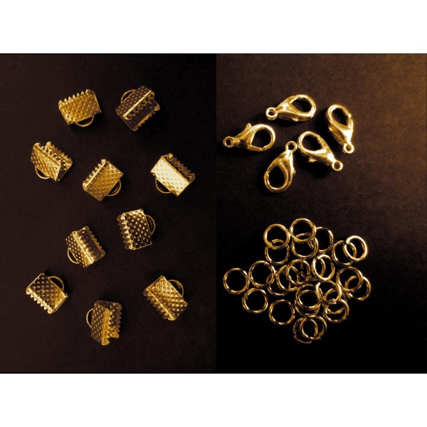 10 goldfarbene Bandklemmen 8mm + Karabiner + Biegeringe - Schmuckzubehör Set