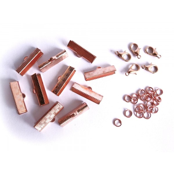 10 rosegoldfarbene Bandklemmen 20mm + Karabiner + Biegeringe Schmuckzubehör Set