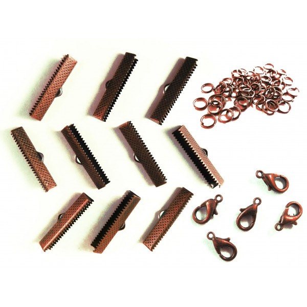 10 kupferfarbene Bandklemmen 25mm + Karabiner + Biegeringe - Schmuckzubehör Set - Leisure-Beads DIY
