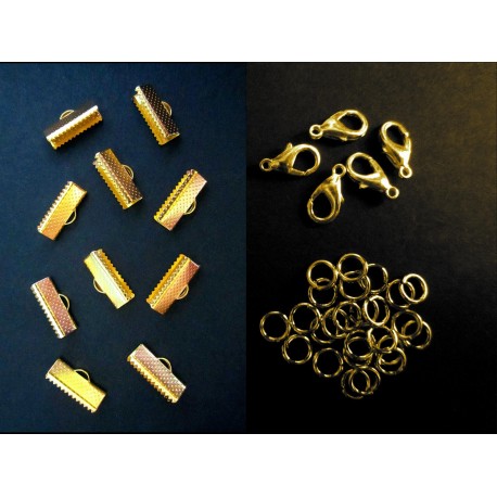 Leisure-Beads - 10 goldfarbene Bandklemmen 13mm + Karabiner + Biegeringe - Schmuckzubehör Set