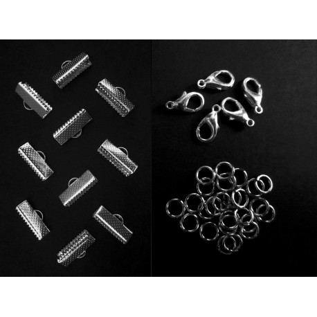 Leisure-Beads - 10 silberfarbene Bandklemmen 13mm + Karabiner + Biegeringe - Schmuckzubehör Set