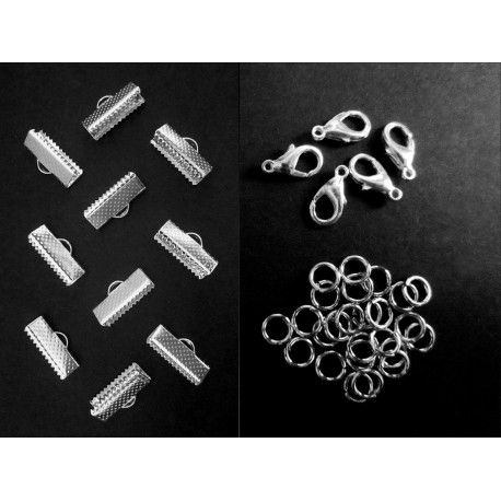 Leisure-Beads - 10 hellsilberfarben Bandklemmen 13mm + Karabiner + Biegeringe Schmuckzubehör Set