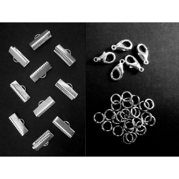 10 hellsilberfarben Bandklemmen 13mm + Karabiner + Biegeringe Schmuckzubehör Set - Leisure-Beads DIY