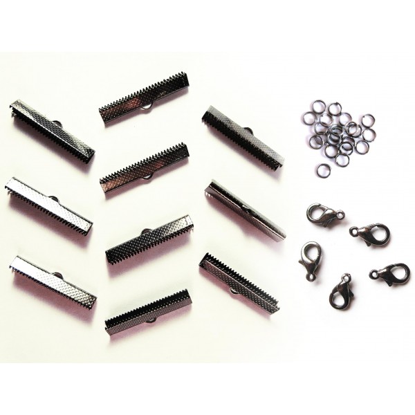 10 gunmetal Bandklemmen 35mm + Karabiner + Biegeringe - Schmuckzubehör Set - Leisure-Beads DIY