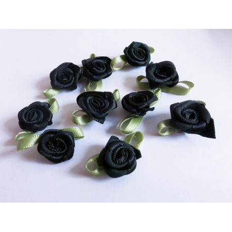 Leisure-Beads - 10x schwarze Satinrose 23x13mm mit Blättchen zum Bekleben Scrapbooking - Bastelbedarf Schmuckzubehör