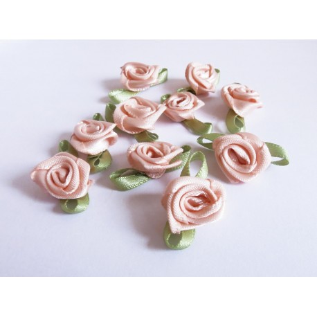 Leisure-Beads - 10x rosafarbene Satinrose mit Blättern 23x13mm zum Bekleben Scrapbooking - Bastelbedarf Schmuckzubehör