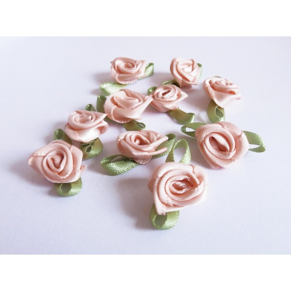 10x rosafarbene Satinrose mit Blättern 23x13mm zum Bekleben Scrapbooking - Bastelbedarf Schmuckzubehör - Leisure-Beads DIY