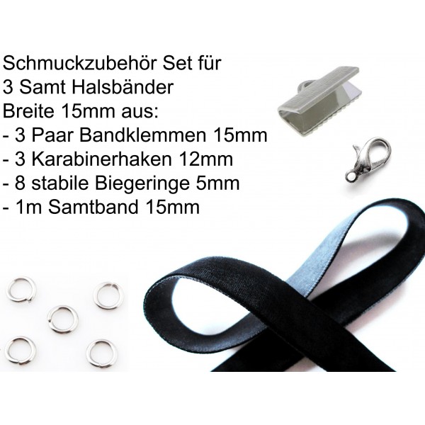 Schmuckzubehör Set für 15mm schwarzes Halsband mit Samtband - Schmuckzubehör Set - Leisure-Beads DIY