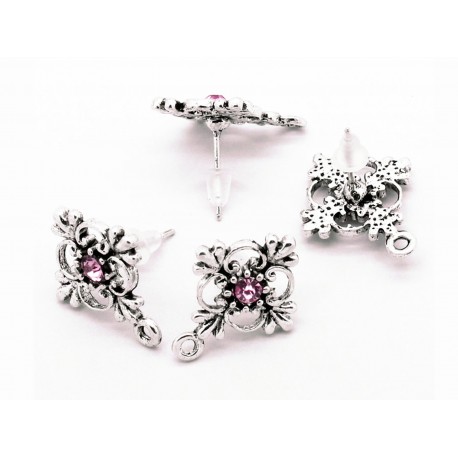 Leisure-Beads - 2x Kreuz Ohrstecker 19x14mm mit Öse und rosa Strassstein - Schmuckzubehör Ohrringe