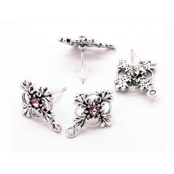 2x Kreuz Ohrstecker 19x14mm mit Öse und rosa Strassstein - Schmuckzubehör Ohrringe - Leisure-Beads DIY