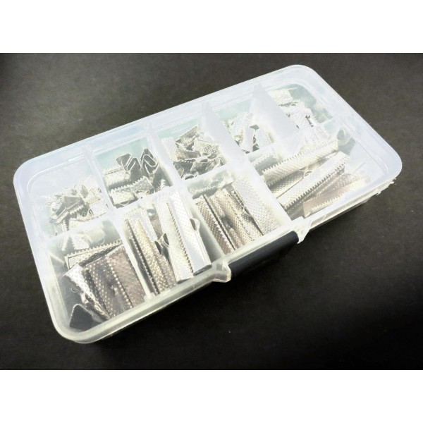 120 hellsilberfarbene Bandklemmen 6-30mm in verschiedenen Größen Sortiment in Box - Schmuckzubehör Set - Leisure-Beads DIY