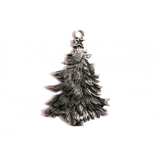 1x silberfarben Weihnachtsbaum Anhänger 66x42mm X-Mas silberfarbener Schmuckanhänger - Schmuckzubehör Weihnachten - Leisure-Beads DIY