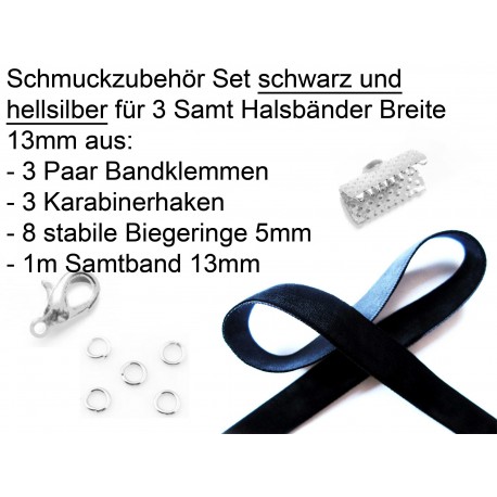 Leisure-Beads - Halsband Set 13mm mit schwarzem Samtband und hellsilberfarben - Schmuckzubehör