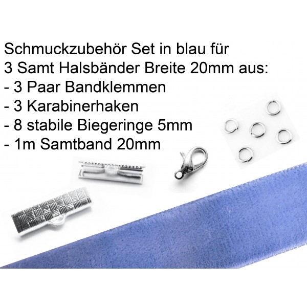 Schmuckzubehör Set in blau für 20mm Halsband aus Samtband - Schmuckzubehör Set - Leisure-Beads DIY