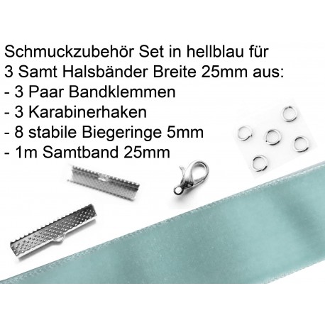 Leisure-Beads - Schmuckzubehör Set in hellblau für 25mm Halsband aus Samtband - Schmuckzubehör Set
